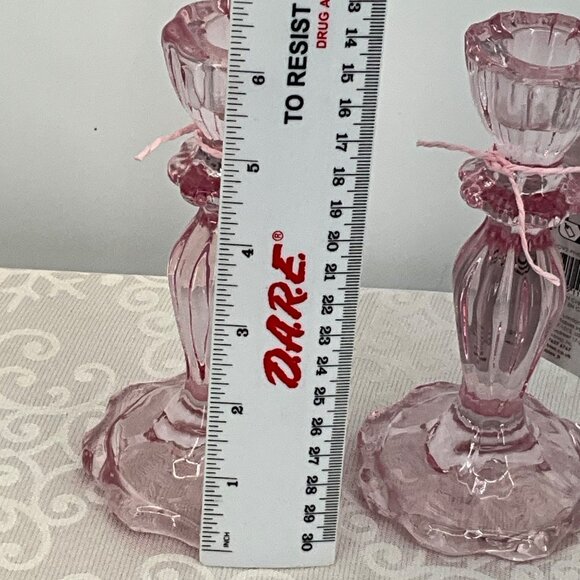 Pink Glass Talking Tables Candle Holders 5.5" Tall Set/2 - Picture 4 of 5